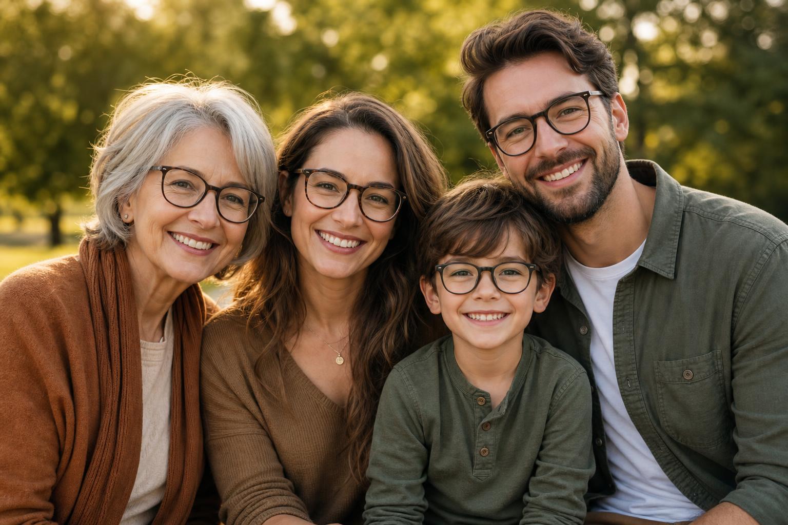 A multi-generational family wearing eyewear